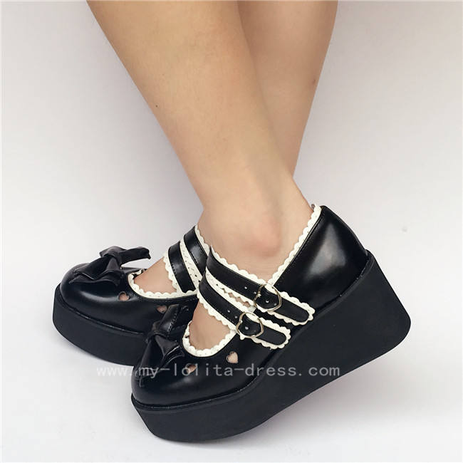 Black Top Bow Lolita Shoes White Trim
