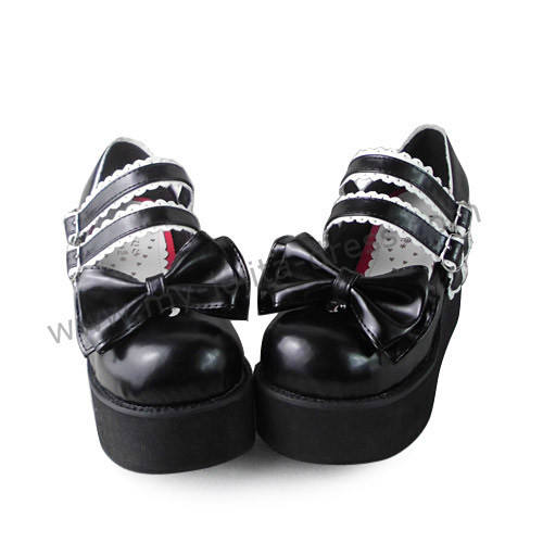 Black Top Bow Lolita Shoes White Trim
