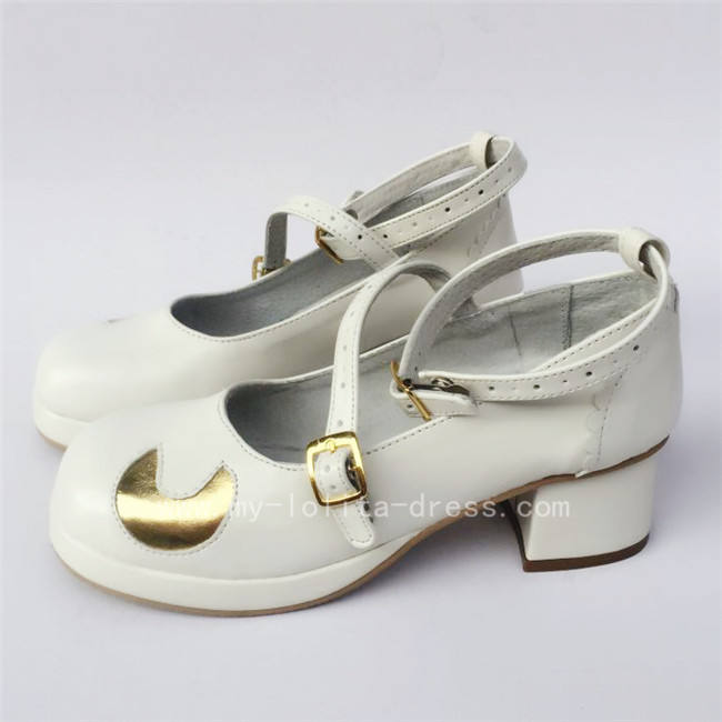 White Real Leather Lolita Shoes with Moon & Star Pattern