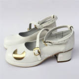 White Real Leather Lolita Shoes with Moon & Star Pattern