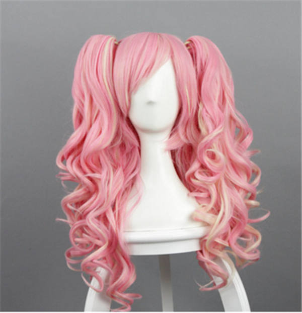 Sweet Pink Cosplay Long Curls Wig with Deatachable Two Ponytails