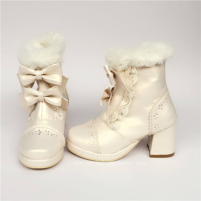 Sweet Pearl White Two Bows Lolita Winter Boots