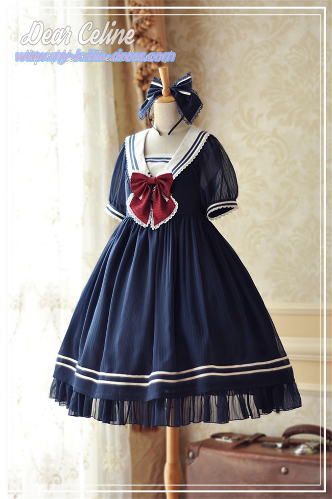 Dear Celine Summer Breeze~Small Sailor Navy collar Striped Lolita OP