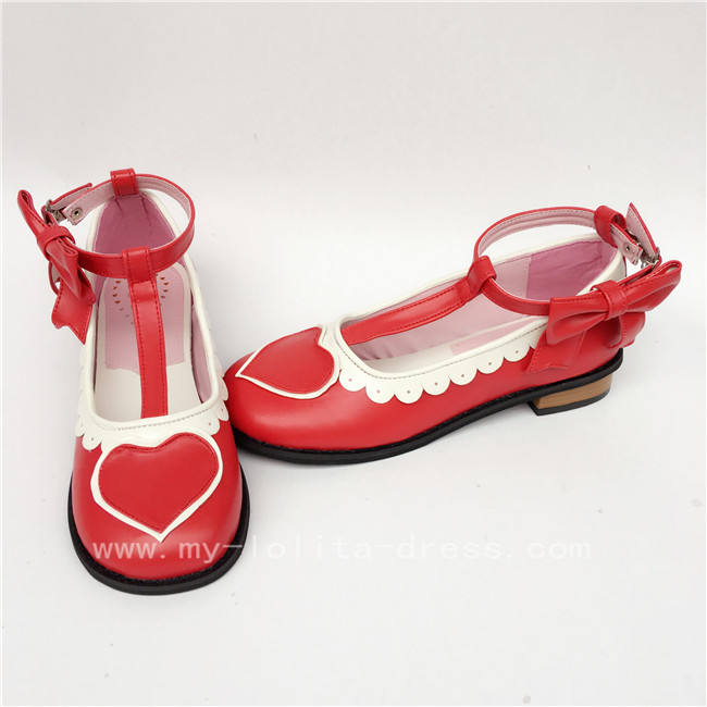 White Black Heart Side Bow Lolita Shoes