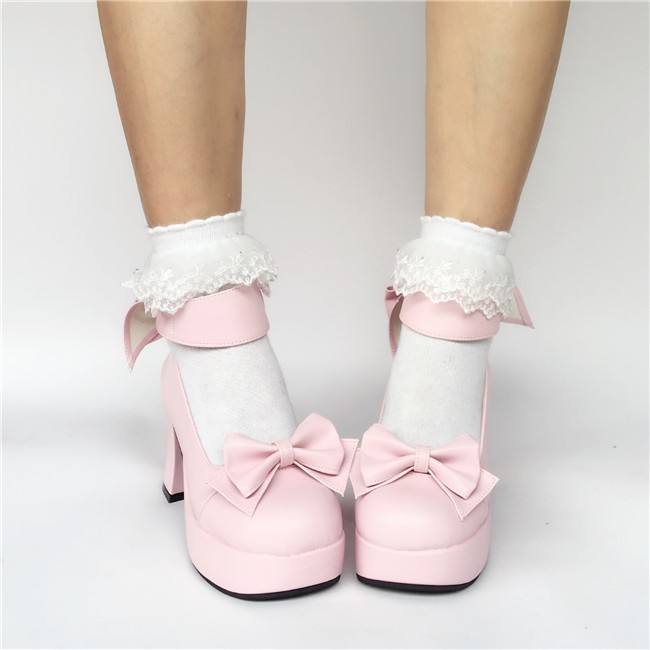 Pink Bows Wide Strap Lolita Shoes