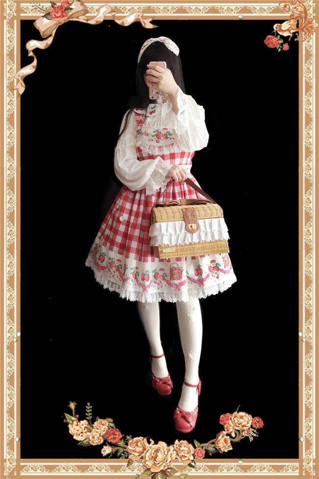 Strawberry Gingham Pure Cotton Lolita JSK Dress +Headbow