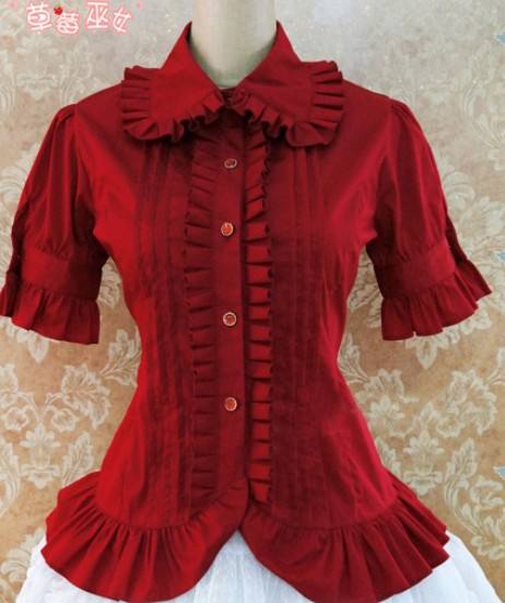 Cotton Short Sleeves Ruffles Bows Lolita Shirt 7 Colors Pink S & Khaki M - In Stock