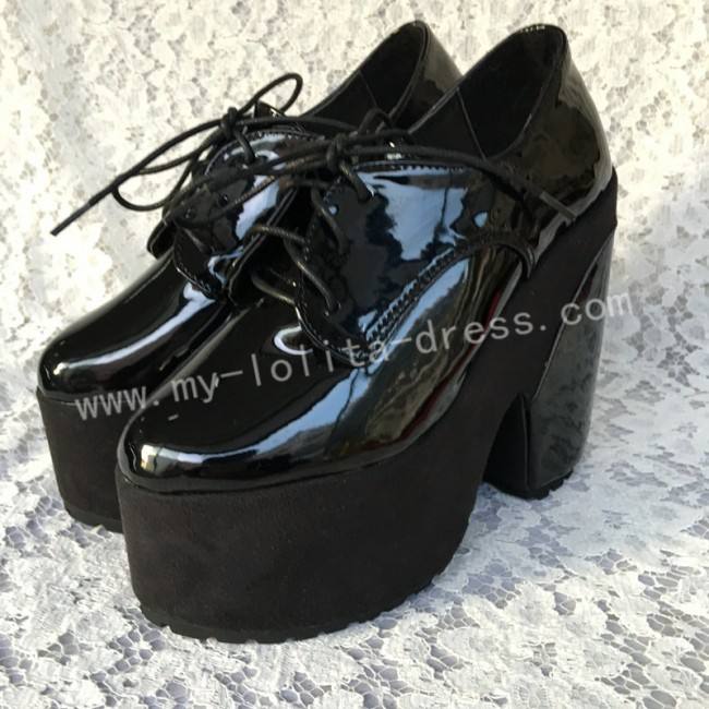 Glossy Black Lolita Square Heels High Platform