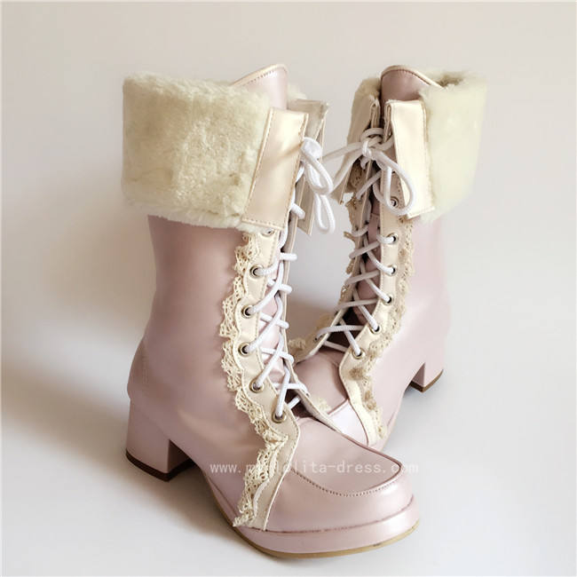Sweet Pearl Pink Lolita Winter Mid-calf Boots with Beige Lace