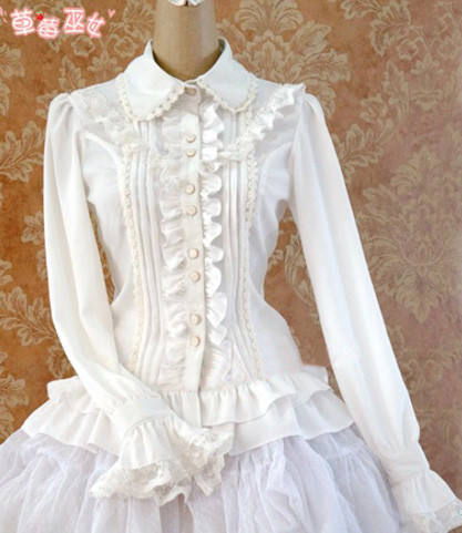 Rococo Style Lace Lolita Shirt Silk and Linen Khaki -In Stock