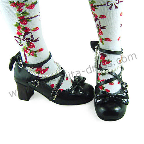 Sweet Black Beads Bows Lolita Shoes Flats Tea Party Heels