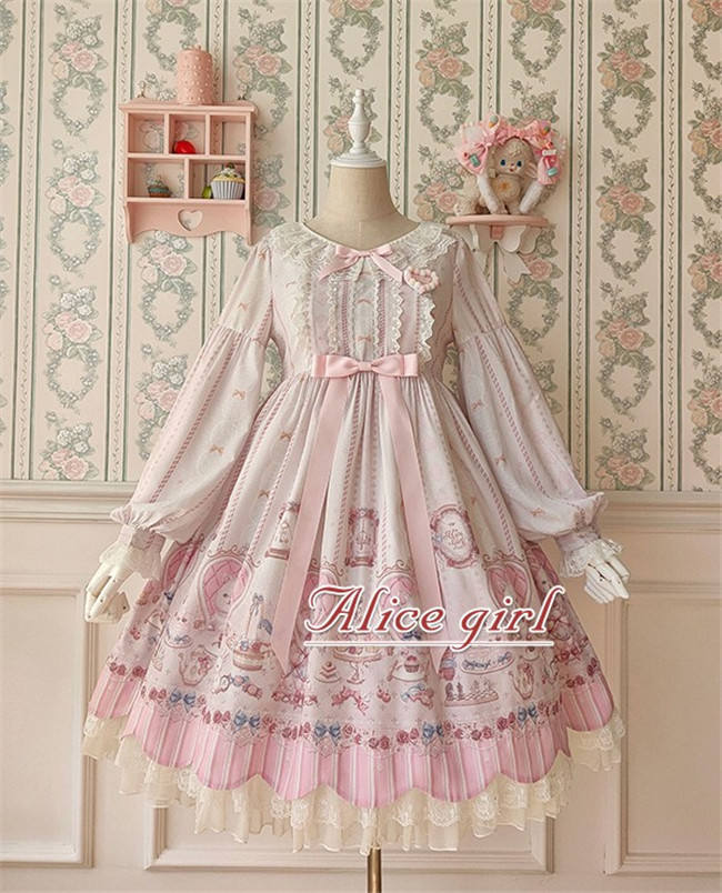 Alice Girl ~The Kitty's Tea Party Sweet Lolita OP/Salopette -Pre-order Pink Size S - In Stock