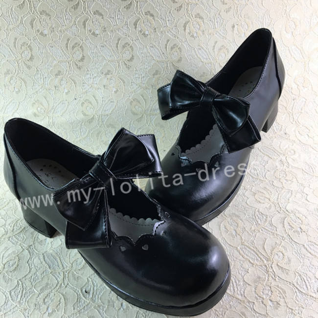 Sweet Matte Black Lolita Square Heels Shoes with Bowknots