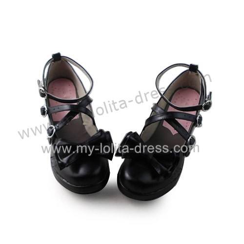 Black Bows Crossed Straps Matte Lolita Shoes Classic