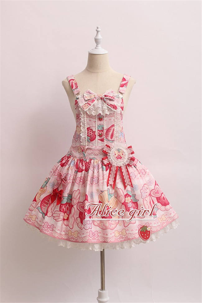 Alice Girl ~Strawberry With Cream~ Sweet Lolita Salopette + Badage -Pre-order