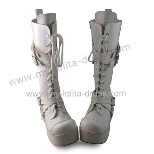 Matte Unicolor White Lace Up Belts Lolita Boots