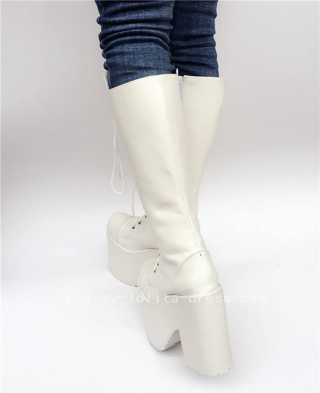 Beautiful White Matte Lace-up Knee Lolita High Boots