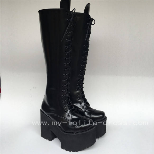Black Matte Lace Up Knee Lolita Cylinder Boots