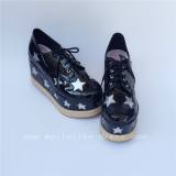High Platform Glossy Black Lolita Shoes with Silver Stars Design