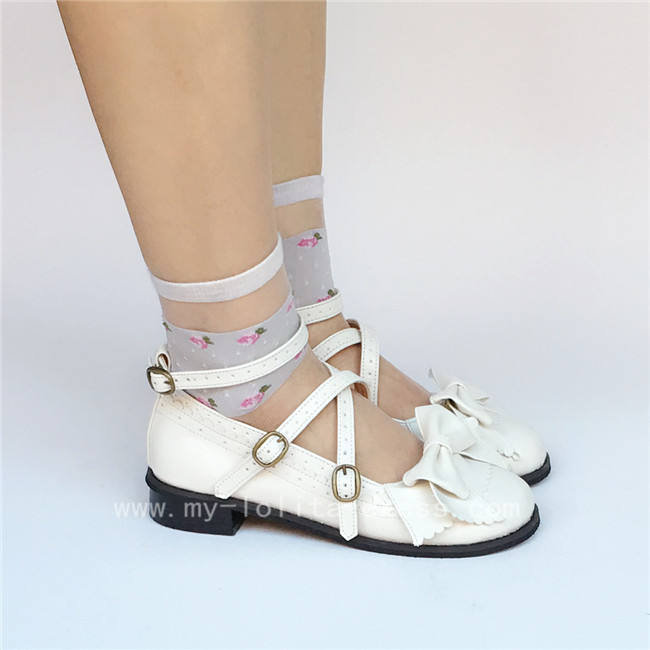 Sweet White Bow Belts Lolita Flat Shoes