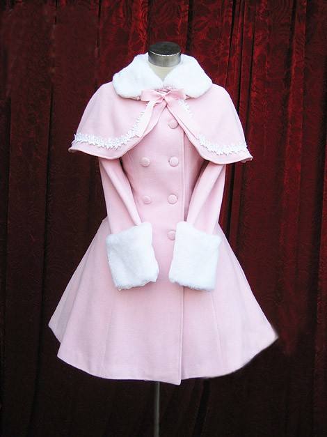 Lolita Coat with Fur Collars Removable Cape - Pink Sweet Red Christmas Wine Size S - In Stock