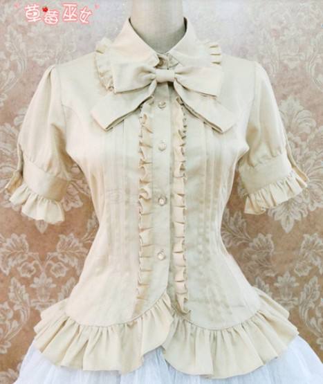 Cotton Short Sleeves Ruffles Bows Lolita Shirt 7 Colors Pink S & Khaki M - In Stock