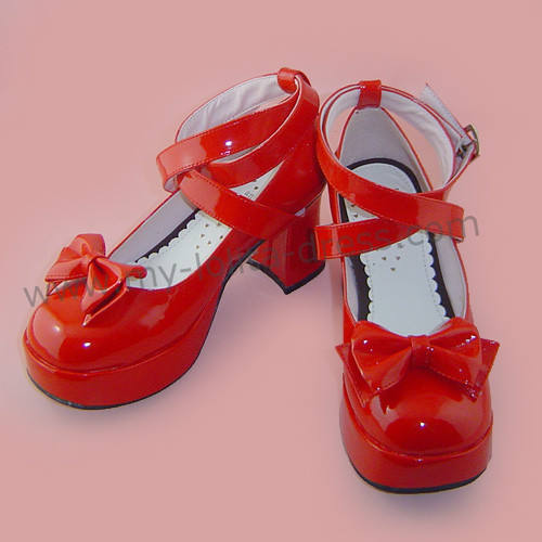 Wine Red 3 Straps Bow Lolita Shoes