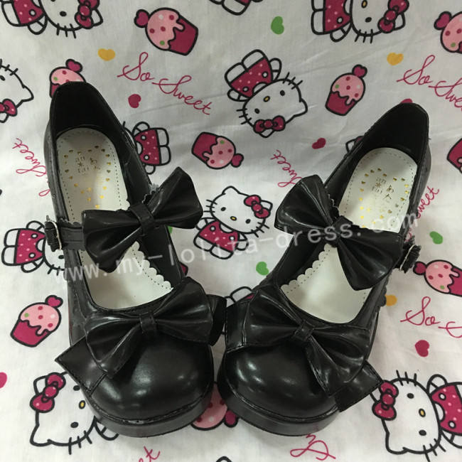Black White Two Bows Lolita Shoes
