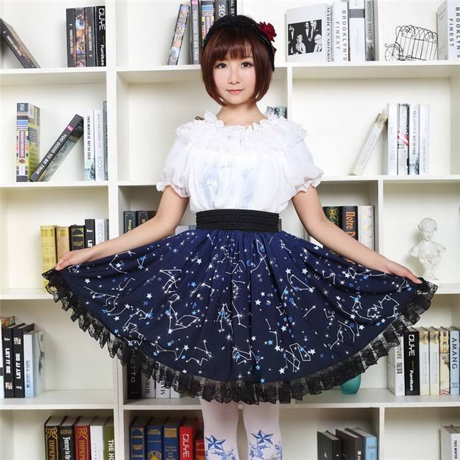 Sweet Dark Blue Constellation Printed Lolita Pleated Skirt