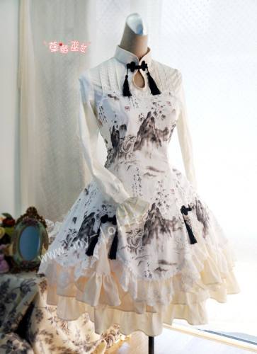 Strawberry Witch Chinese Dragon and Landscape Printed Qi Lolita OP Dress
