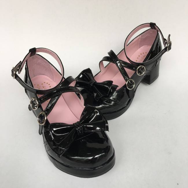 Black Bows Crossed Straps Matte Lolita Shoes Classic