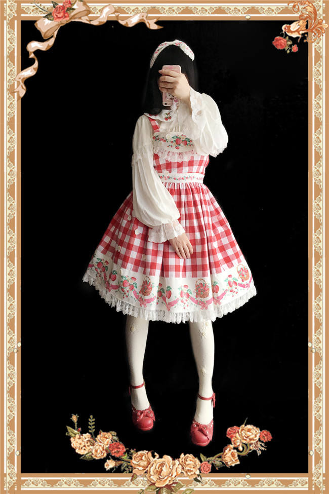 Strawberry Gingham Pure Cotton Lolita JSK Dress +Headbow