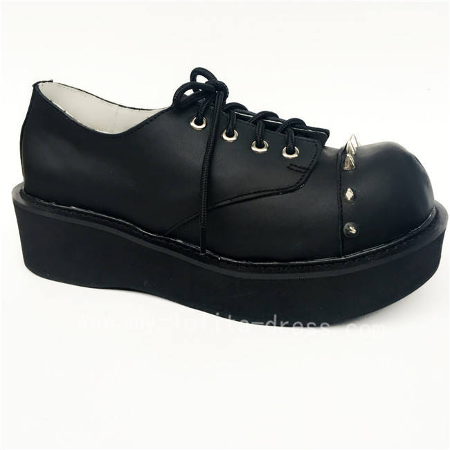 High Platform Black Real Leather Rivets Punk Lolita Shoes