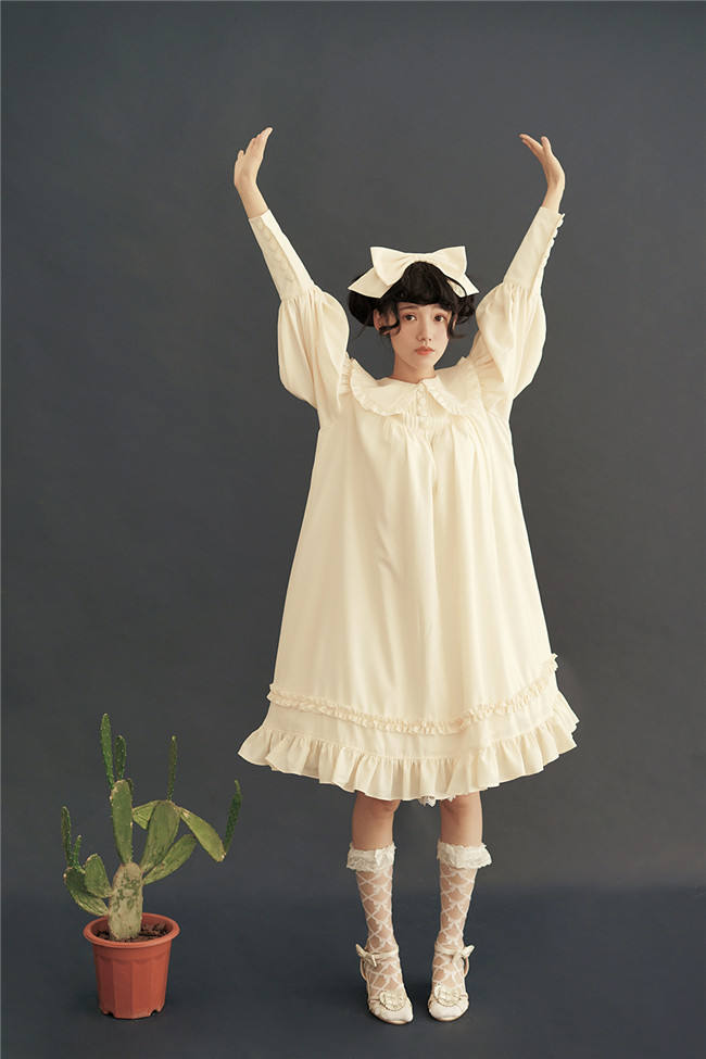 Vintage Unicolor Babydoll Style Peterpan Collar Lolita OP - Ready Made