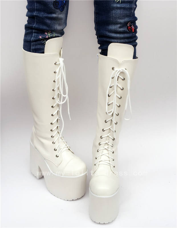 Beautiful White Matte Lace-up Knee Lolita High Boots