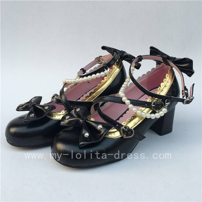 Sweet Black Beads Bows Lolita Shoes Flats Tea Party Heels