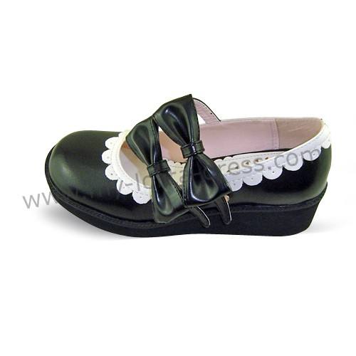 Black Double Bows Lolita Shoes White Trim
