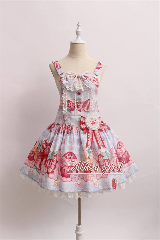 Alice Girl ~Strawberry With Cream~ Sweet Lolita Salopette + Badage -Pre-order