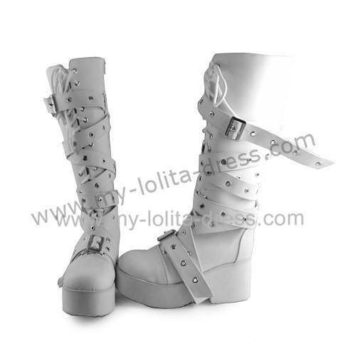 Punk Style Matte White Buckles Lolita High Shaft Boots
