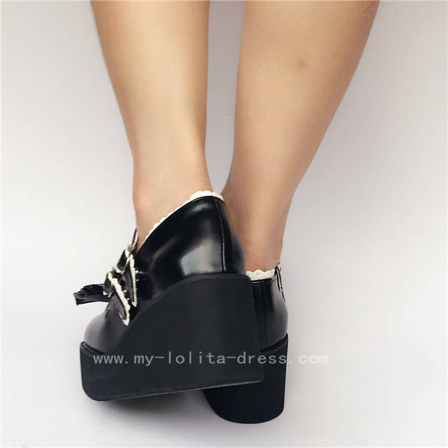 Black Top Bow Lolita Shoes White Trim
