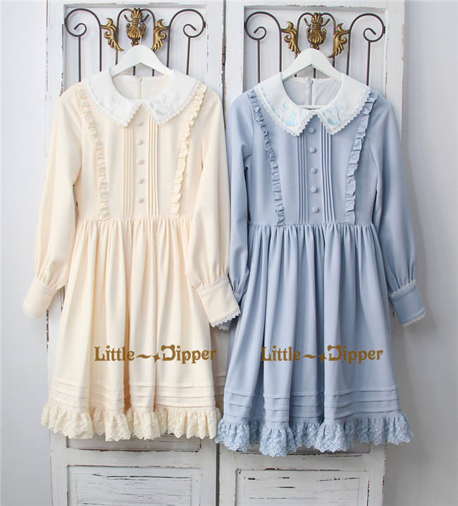 Little Dipper  ~Cat + Moon + Stars~ Embroidery Lolita Long Sleeves OP Dress - In Stock