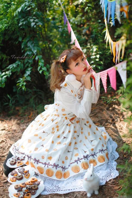 Tanaka.L Eiffel Tower & Biscuits Printed Lolita Jumper Dress -out