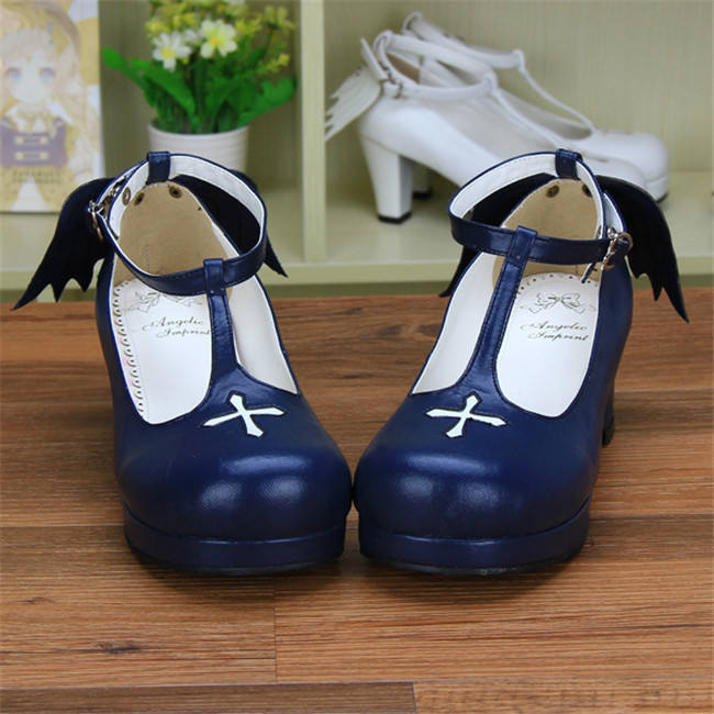 Angelic Imprint- Sweet T-shaped Straps Lolita Square Heel Shoes with Detachable Angel Wings