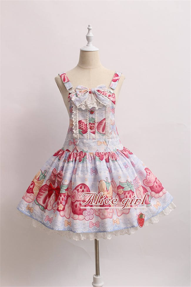 Alice Girl ~Strawberry With Cream~ Sweet Lolita Salopette + Badage -Pre-order