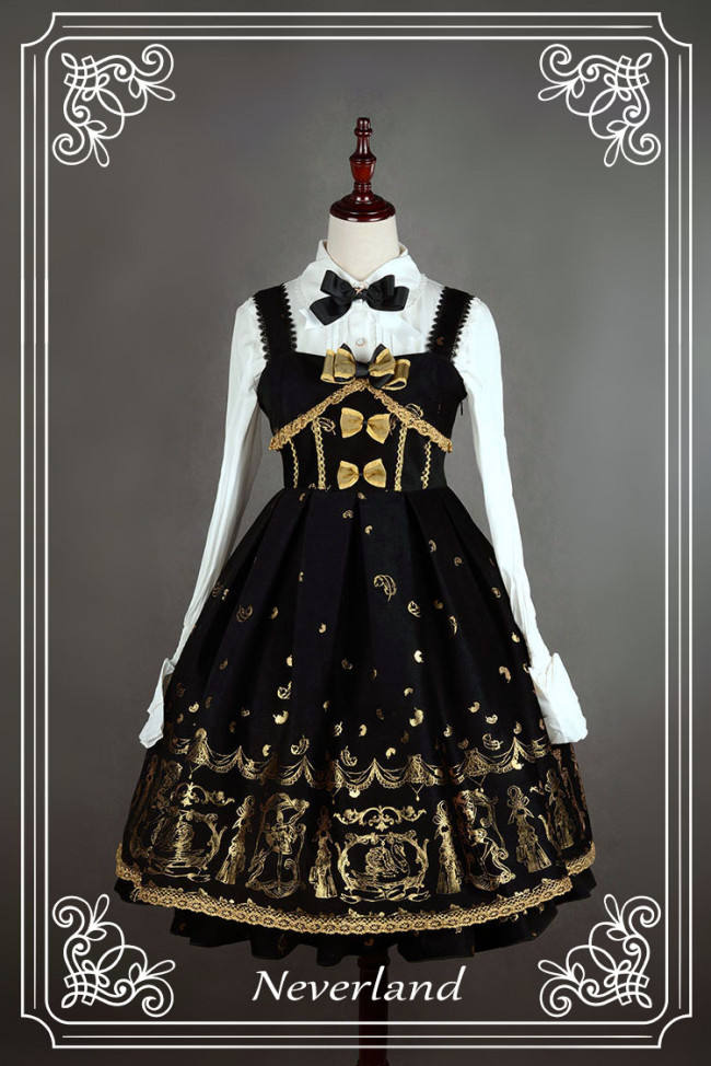 Neverland Lolita ~Golden Swan Lake~ Gold Stamping Thick Lolita JSK Black M - In Stock