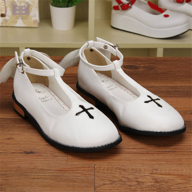 Angelic Imprint- Sweet T-shaped Straps Lolita Flat Shoes with Detachable Angel Wings