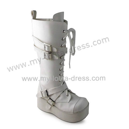 Matte Unicolor White Lace Up Belts Lolita Boots
