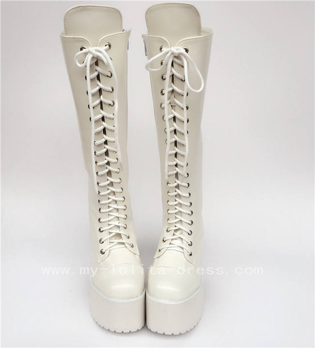 Black Matte Lace Up Knee Lolita Cylinder Boots