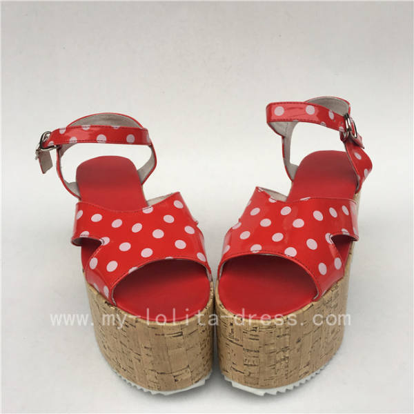 Beautiful Red with White Dots Lolita Sandals with Wood Soles