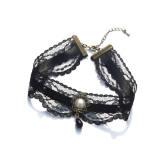 Romantic Black Lace Bowknot Pearl Lolita Choker